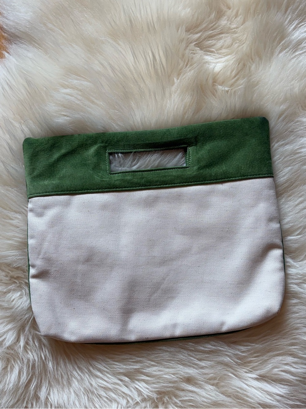 Canvas and suede clutch, green and cream, roomy